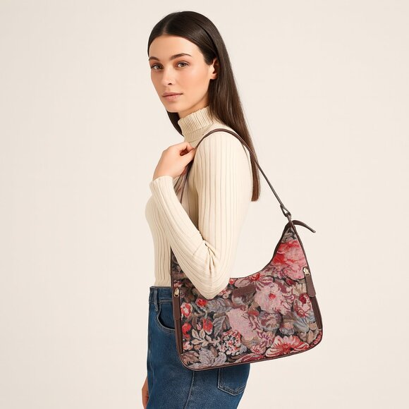 Floral Pattern Tapestry Fabric Hobo Bag For Women | Shoulder Sling Bag - Picture 2 of 9